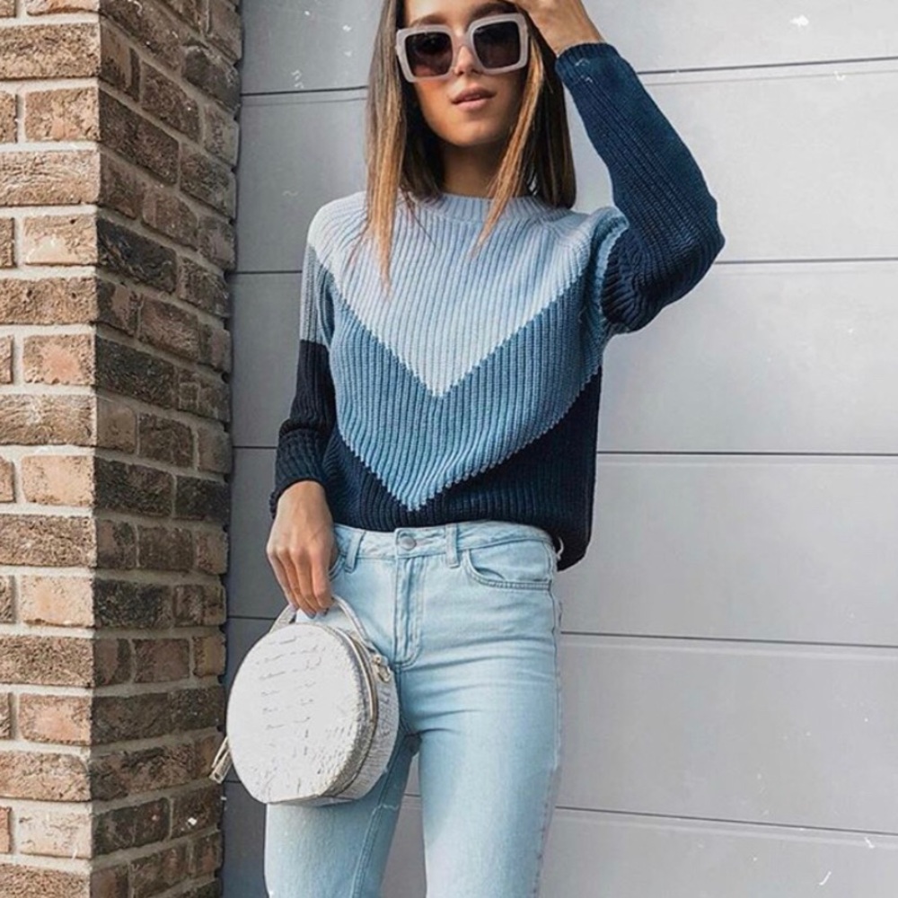 Chunky Knit Blue Chevron Sweater